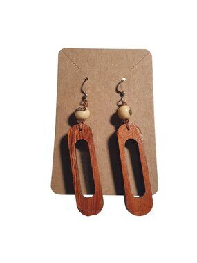Wood Bead Dangle Hook Earrings Brown Cream Lightweight Handmade Boho Style Gift